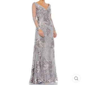 Mac Duggal Embellished V neck Long sleeve Embroidered Gown MOB MOG Platinum 16